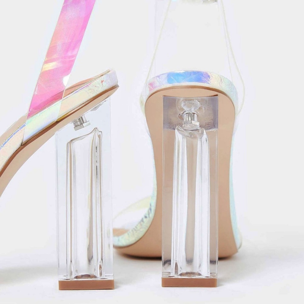 NEW🔥 Iridescent Ankle Strap Lucite Heel Sandals - Picture 4 of 5